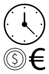 Clock with simple dollar and euro symbols suggesting the relationship between time, money, and financial planning. Ideal for investment, business, negotiation, time management, global trade, economy