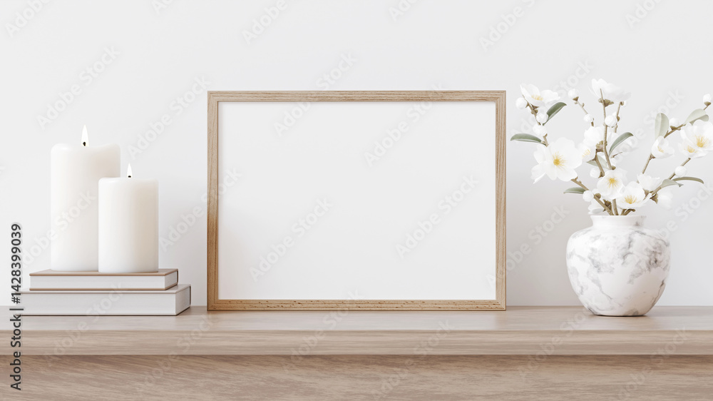 Poster small horizontal wooden frame mockup in traditional light interior. classical shelf decoration with 