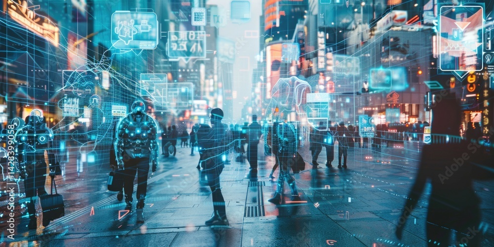 Wall mural a futuristic cityscape where humans and ai robots interact harmoniously in everyday life. advanced h