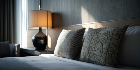 Serene Hotel Bedroom: Sunlit Bed with Textured Pillows
