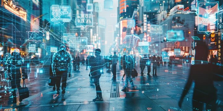 A futuristic cityscape where humans and AI robots interact harmoniously in everyday life. Advanced holographic interfaces and seamless technological integration create a vibrant, interconnected