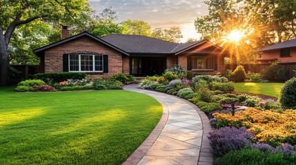 Fototapeta premium Beautiful Brick House Suburban Home Landscape Design Stunning Sunset Golden Hour Exterior Real Estate Photography Idyllic Garden Path Flowers Landscaping Lush Green Lawn Vibrant Blossoms Perfect Home 