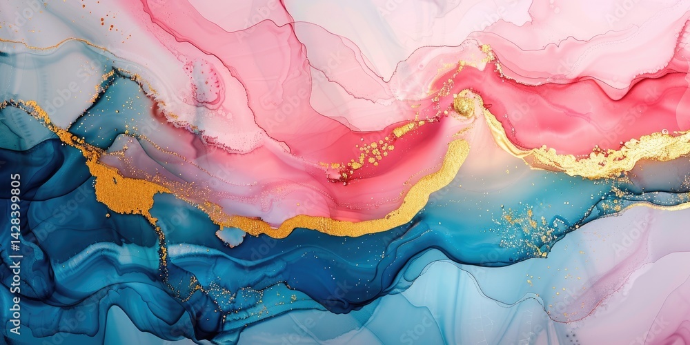 Poster the close up abstract picture of the blue and pink colour mixing each other with gold color inside m