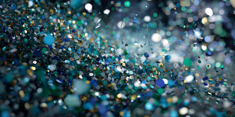 Naklejka premium Teal, blue, gold confetti texture, shimmering, celebratory, festive backdrop, ideal for design projects, cards or digital content