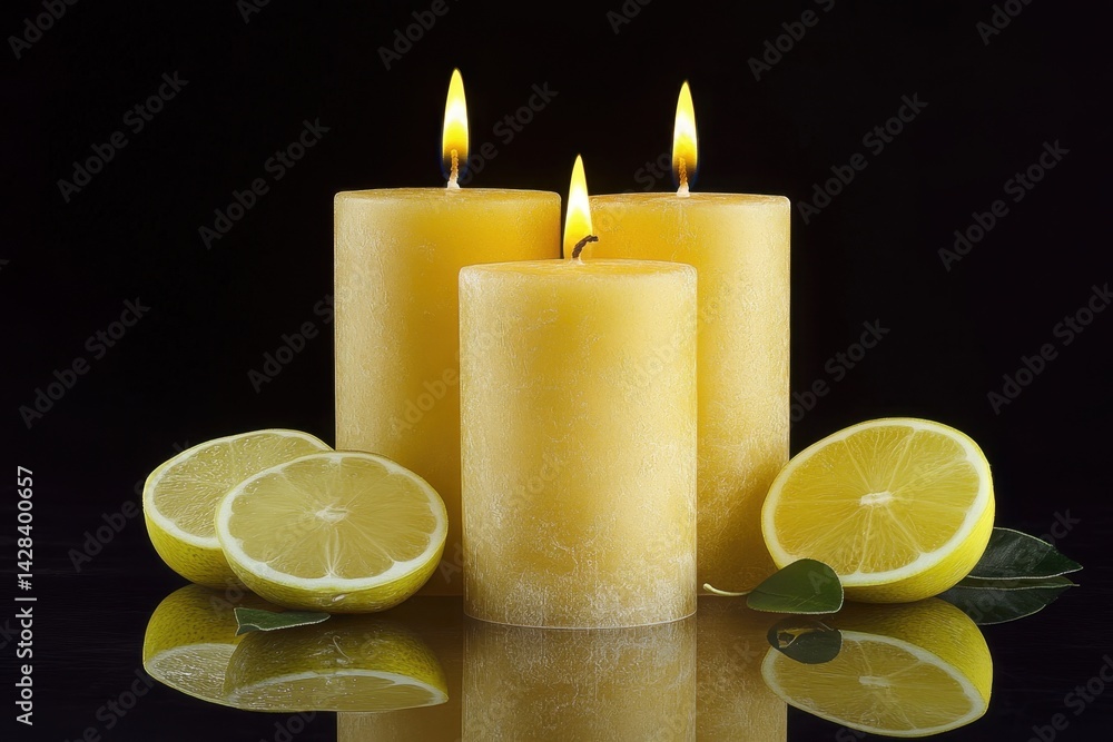 Aufkleber three yellow candles with lemon slices create a warm and inviting atmosphere on a dark background