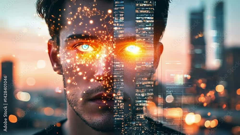 Poster Futuristic concept of a man with glowing eyes and digital network connection superimposed over a cityscape at sunset, symbolizing technological advancement and the interconnectedness of modern life