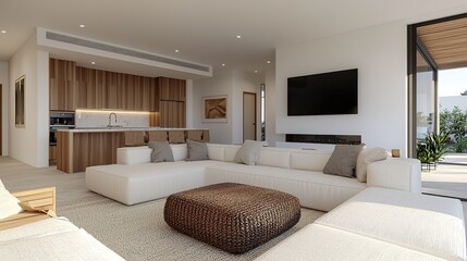 Modern minimalist living room setup contemporary home interior design bright environment wide angle soft neutrals