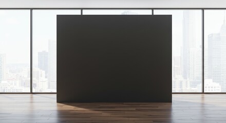 Black square object in a room with large windows and wood floor.