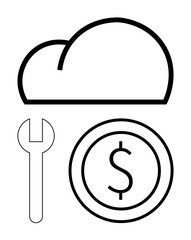 Cloud shape, wrench, and dollar sign integrate to represent cloud computing services, IT operations, cost management, maintenance, and financial planning. Ideal for tech platforms, service apps IT