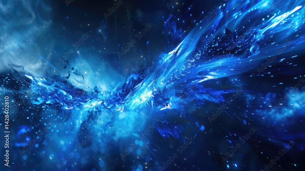 Poster abstract image beautiful blue light sparkling particles scattered across space background while swir