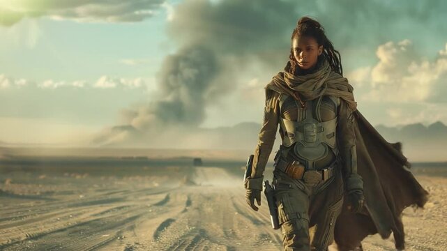 Nomad exploring vast desert landscape under a dramatic sky with dust storms in the distance