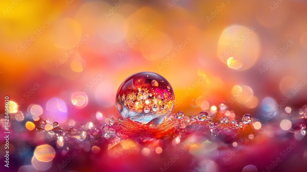 Poster vibrant water droplet sphere on red leaf abstract background with colorful bokeh lights macro photog