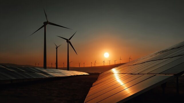 Sunset over solar panels and wind turbines illustrating a modern concept of renewable and sustainable energy. 