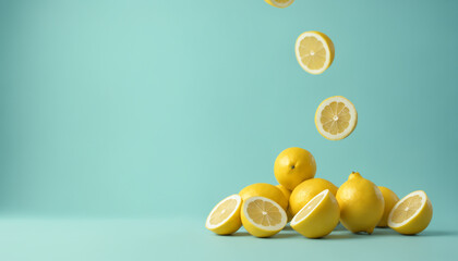 Lemon Background with copy space. Full and cut in half lemons