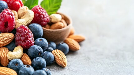 Fresh raspberries, blueberries, almonds, and cashews. Healthy snack mix