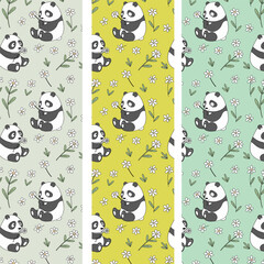Seamless Pattern with Cartoon Panda and Flower Design on Green Background