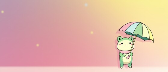 A charming 3D cartoon frog holding a colorful umbrella, wearing a pink scarf, standing on a dreamy pastel gradient background