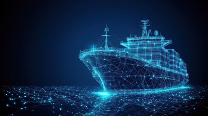 Blue Wireframe Knock Nevis on a dark blue background, with glowing dots and lines on the water to create a high-tech theme.