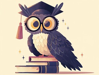 A wise cartoon owl wearing glasses and a graduation cap sits proudly on a stack of books, illustrated in a cute, clean style with subtle sparkles. 