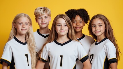 Diverse group of smiling children in matching white and black sports uniforms against bright yellow background. Youth team sports. School activities, sports clubs and children's athletic programs.