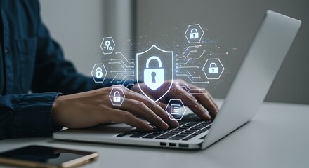 Obraz premium Enhancing digital safety and data protection while working on a laptop device