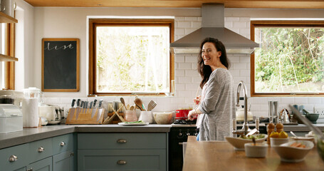 Thinking, cooking food and happy woman in kitchen for recipe ideas, vision and laughing. Home, meal prep and female person with ingredients for healthy diet, nutrition and planning cuisine for lunch