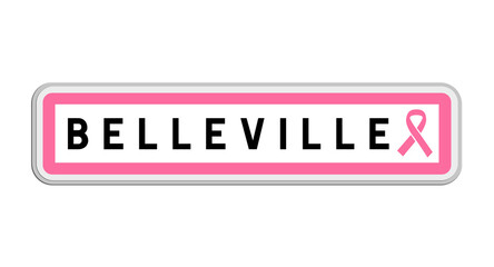 Panneau de sortie de Belleville, Rhône, Auvergne-Rhône-Alpes avec Ruban Octobre Rose