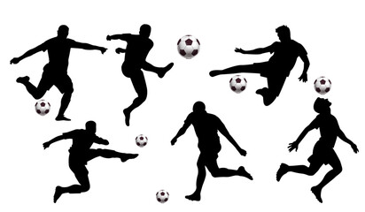 Football player silhouette illustrations with realistic soccer balls – sporty movement in clean vector style