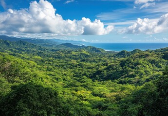 Fototapeta premium Lush Green Landscape Overlooking the Ocean with Dramatic Clouds and Mountains in the Distance, Capturing the Beauty of Nature's Vibrant Colors and Serenity