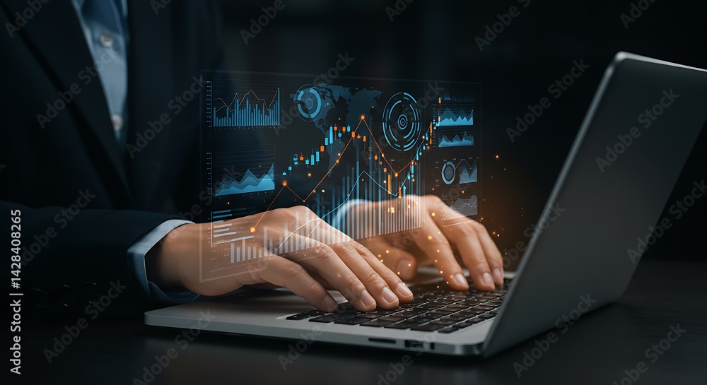 Poster conceptual data analysis representation on a laptop for business decision