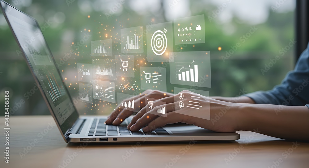 Poster data analysis visualization on laptop showcasing business intelligence metrics
