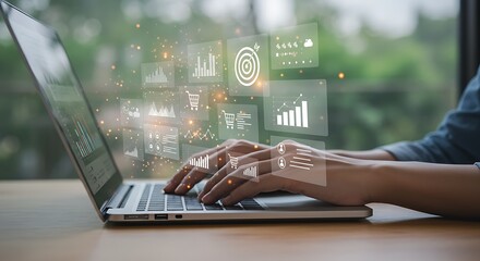 Data analysis visualization on laptop showcasing business intelligence metrics
