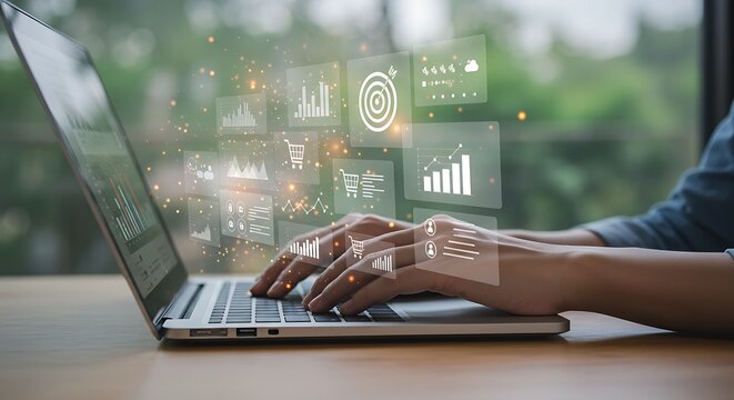 Data analysis visualization on laptop showcasing business intelligence metrics