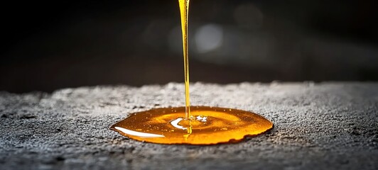 Pools of shiny liquid are formed by drops of golden honey on dark gray rough surfaces.