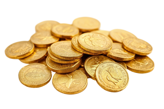 A mound of gold coins isolated on white captures the essence of treasure and luxury
