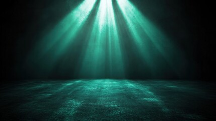 Fototapeta premium Teal light beams illuminate a dark, textured floor.