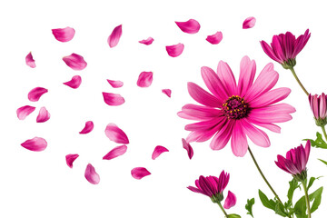 A pink flower bloom with scattered petals captures the delicate beauty of nature in full bloom