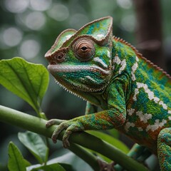 Obraz premium Chameleon Blending with a Bright Green Leaf