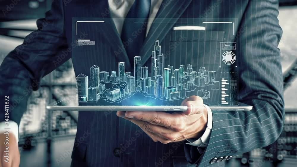 Aufkleber Architect interacting with holographic projection of a futuristic smart city on a tablet, exploring building information modeling and urban planning with augmented reality interface