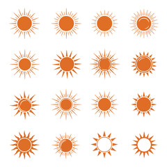 Sixteen Sun Icons Set Variations Orange and White Simple Design Elements
