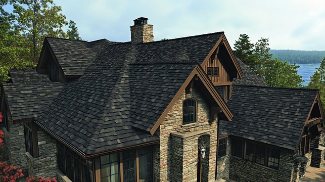 Luxury stone house featuring a durable asphalt shingle roof system design