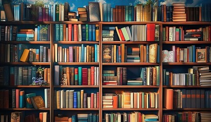 The wooden shelves are filled with colorful old-fashioned books arranged in a variety of ways.
