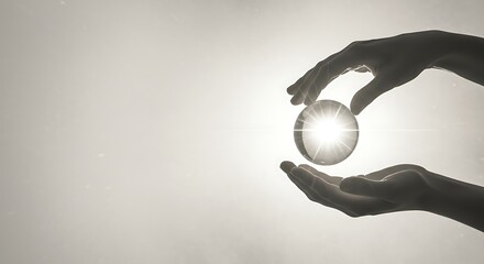 Hands Holding Crystal Ball Against Soft Light, Symbol of Prophecy