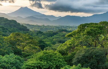 Lush Green Forest Covering Hills with Majestic Mountain Peak Under Cloudy Sky in Natural Landscape Setting