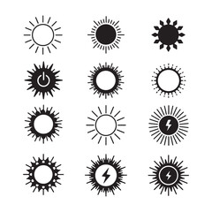 Twelve Unique Sun Icons Set Black and White Solar Energy Symbols