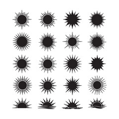 Collection of Sixteen Diverse Sun and Sunrise Icons in Black Silhouette