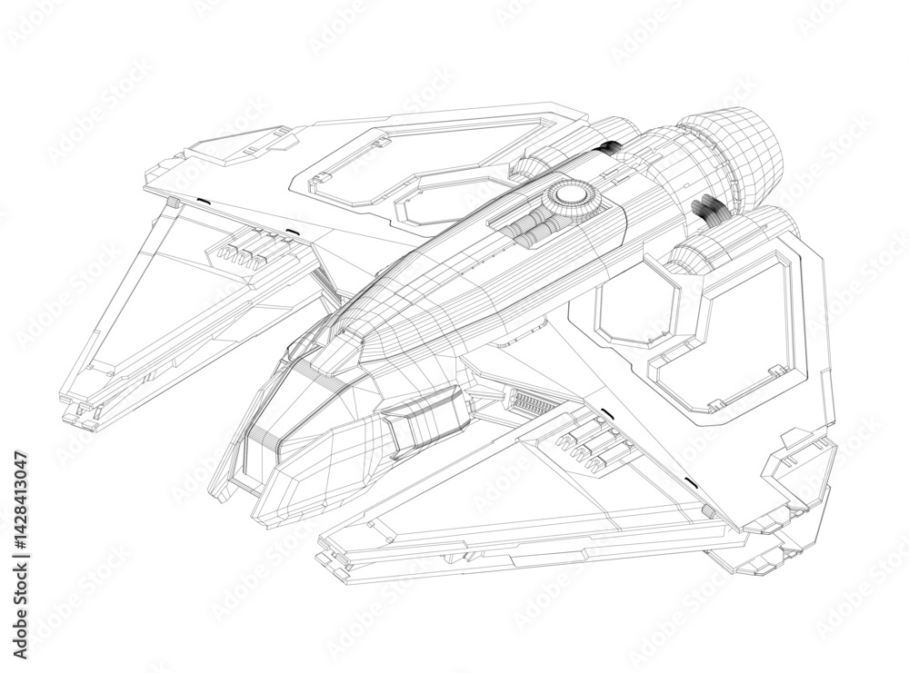 Aufkleber a drawing of a spaceship with a black background. the ship is a fighter jet with a large cockpit and