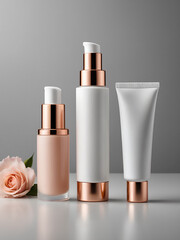 Set of luxury skincare bottles with rose gold pumps on pastel background