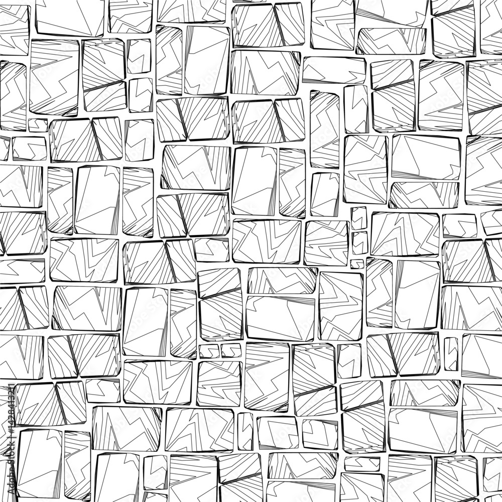 Poster a black and white drawing of a wall with many squares. the squares are all different sizes and shape