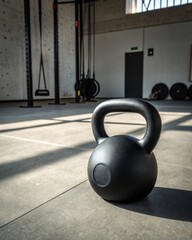 Fototapeta premium Strength training with a minimalist matte black kettlebell on a clean concrete floor - modern fitness environment
